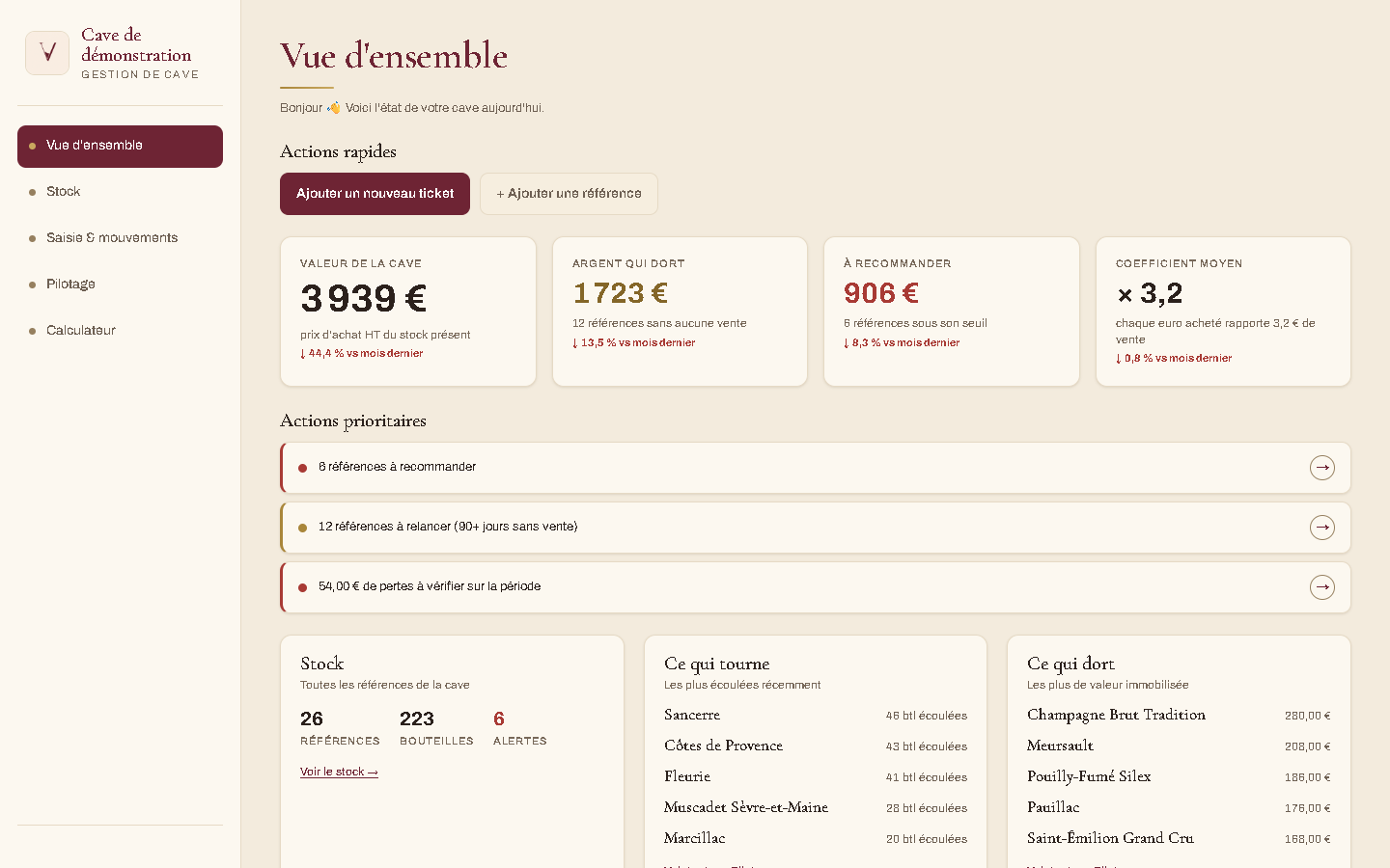 Le tableau de bord Vinum, avec les actions rapides d'ajout de ticket et de référence.