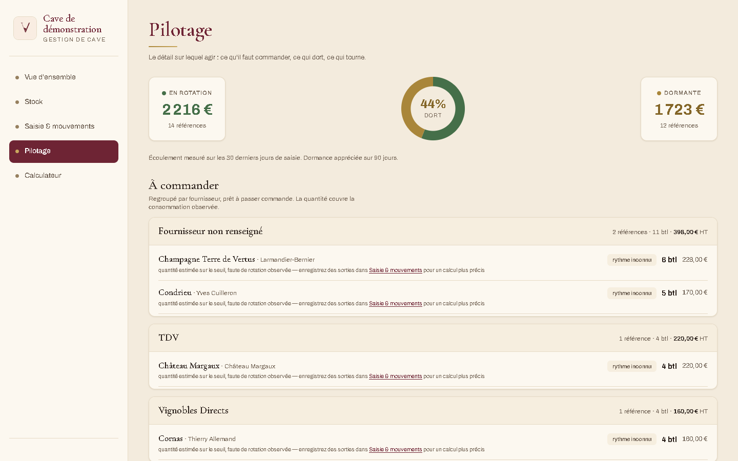 Écran Pilotage de Vinum : références à commander regroupées par fournisseur, vins dormants et vins qui tournent.